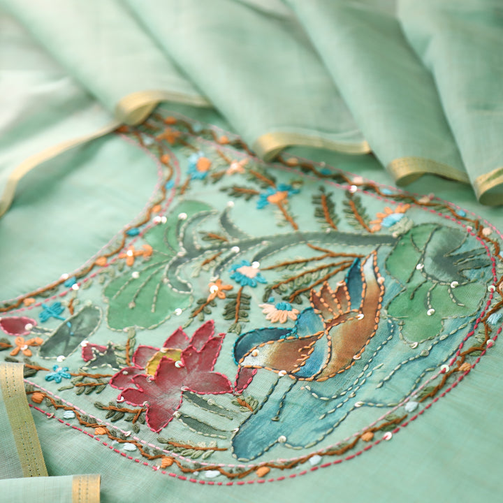 Hanshika Sea Form Green Floral Hand Painted Kantha Work Chanderi Set