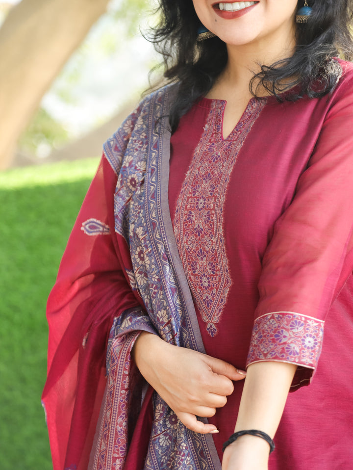 Rupali Mocha Wine Round Neck in Jamdani Kashmiri Inspired Chanderi 3 Piece Set
