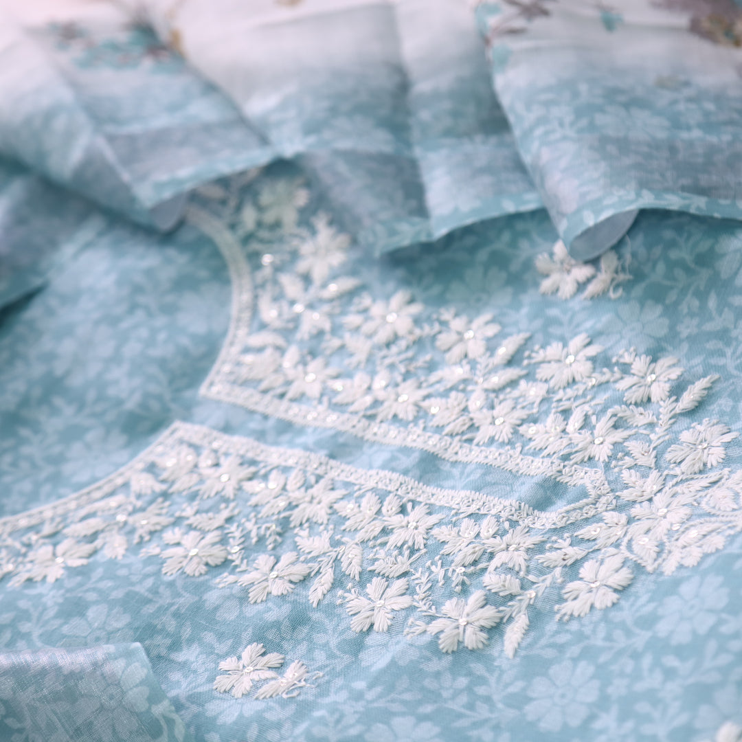 Roop Pastel Blue Thread Work Embroidery Neck Cotton Linen Suit Set