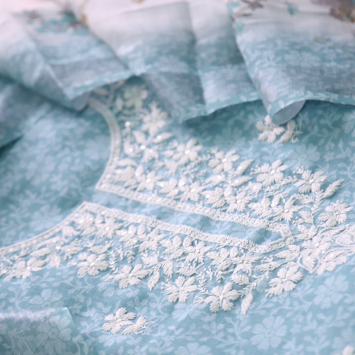 Roop Pastel Blue Thread Work Embroidery Neck Cotton Linen Suit Set