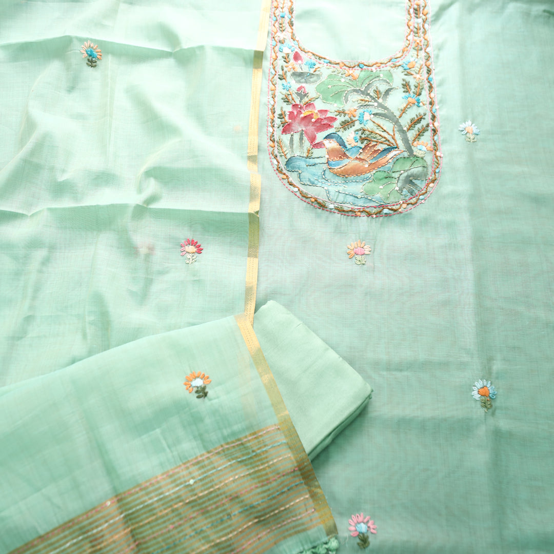 Hanshika Sea Form Green Floral Hand Painted Kantha Work Chanderi Set