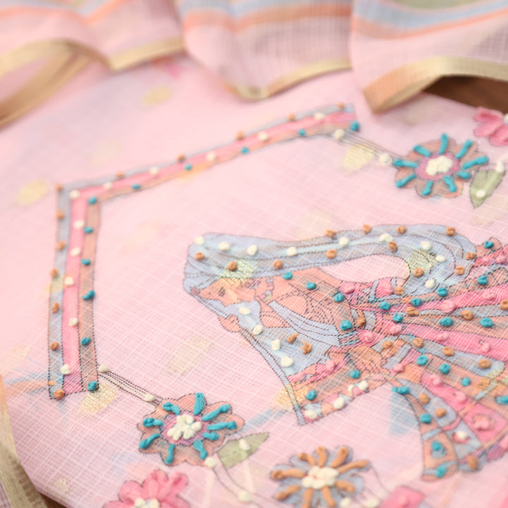 Arya Candy Pink Digital Print with French Knot Work Kota Doriya Set