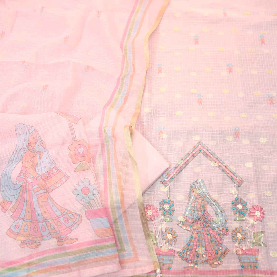 Arya Candy Pink Digital Print with French Knot Work Kota Doriya Set