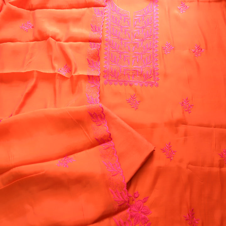Prushna Tang Orange with Thread Embroidered Neck Modal Set