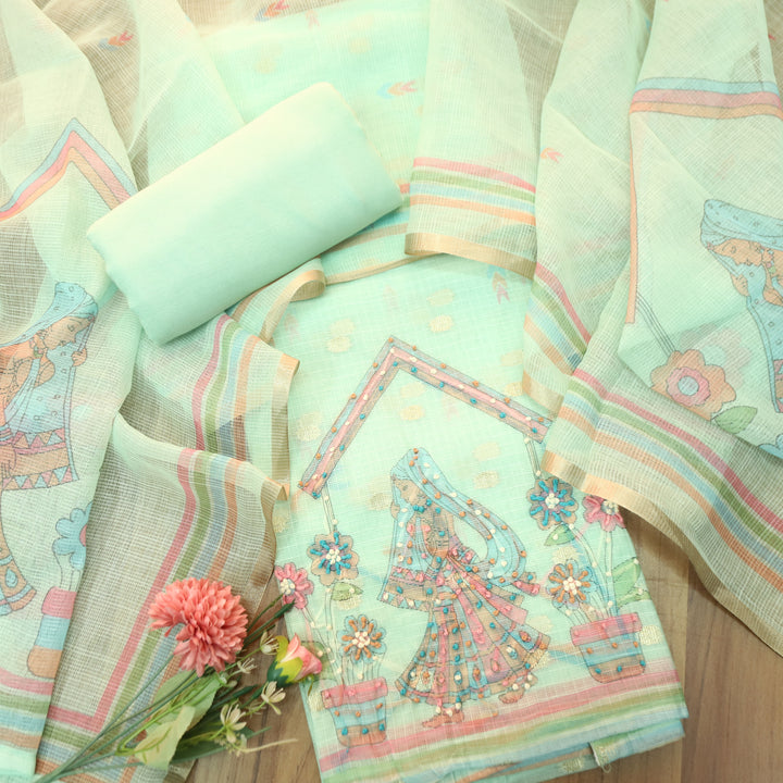 Arya Mint Green Digital Print with French Knot Work Kota Doriya Set