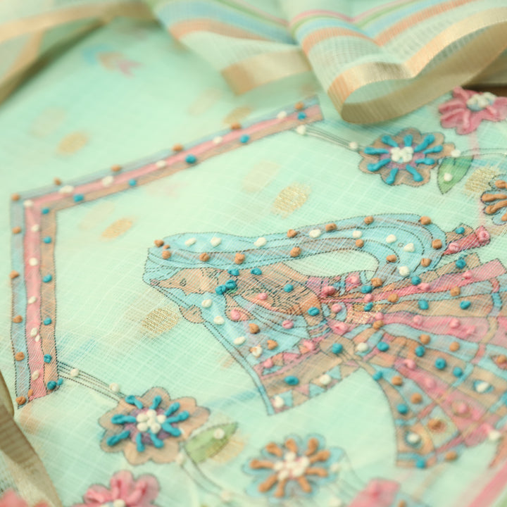 Arya Mint Green Digital Print with French Knot Work Kota Doriya Set