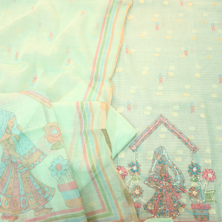 Arya Mint Green Digital Print with French Knot Work Kota Doriya Set