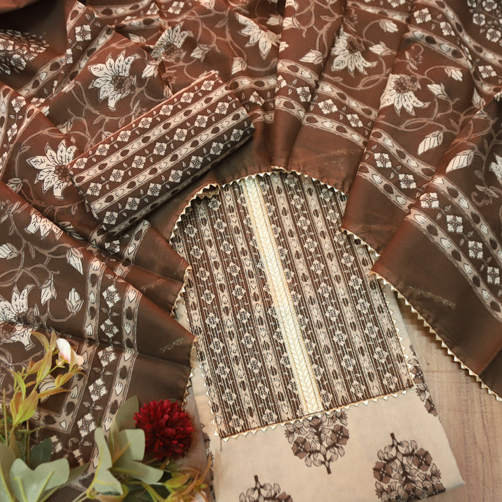 Palak Tan Beige Zari Work Embroidered Yoke Floral Print Cotton Set