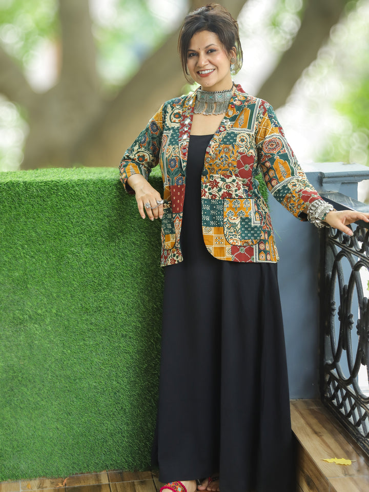 Selena Multicolor Mirror Work Ajrak Print Cotton Blazer