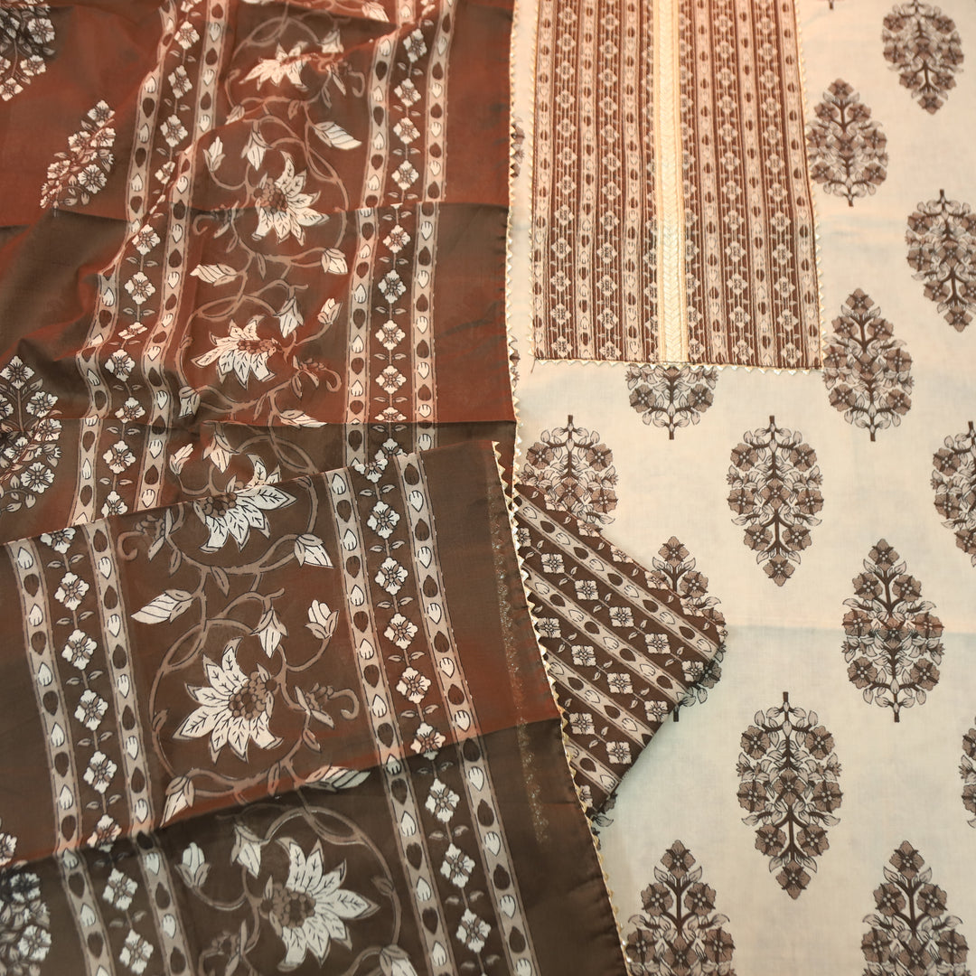 Palak Tan Beige Zari Work Embroidered Yoke Floral Print Cotton Set