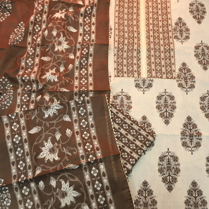 Palak Tan Beige Zari Work Embroidered Yoke Floral Print Cotton Set