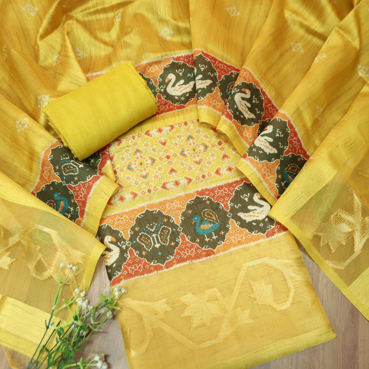 Bahaar Brght Yellow Ikkat Style Print with Zari Detailing Korean Tussar Chanderi Set