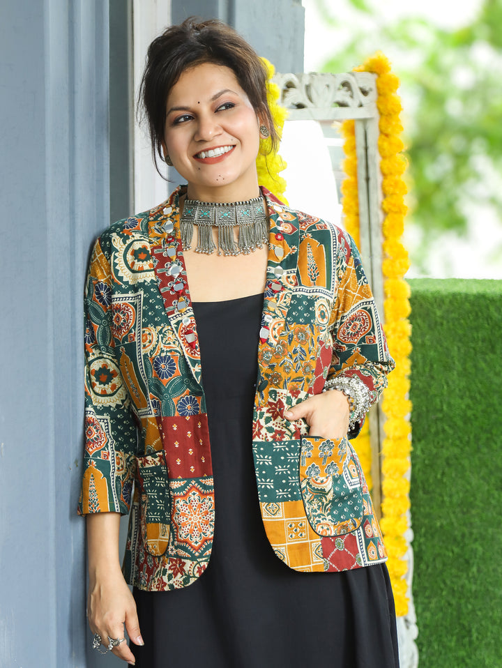 Selena Multicolor Mirror Work Ajrak Print Cotton Blazer