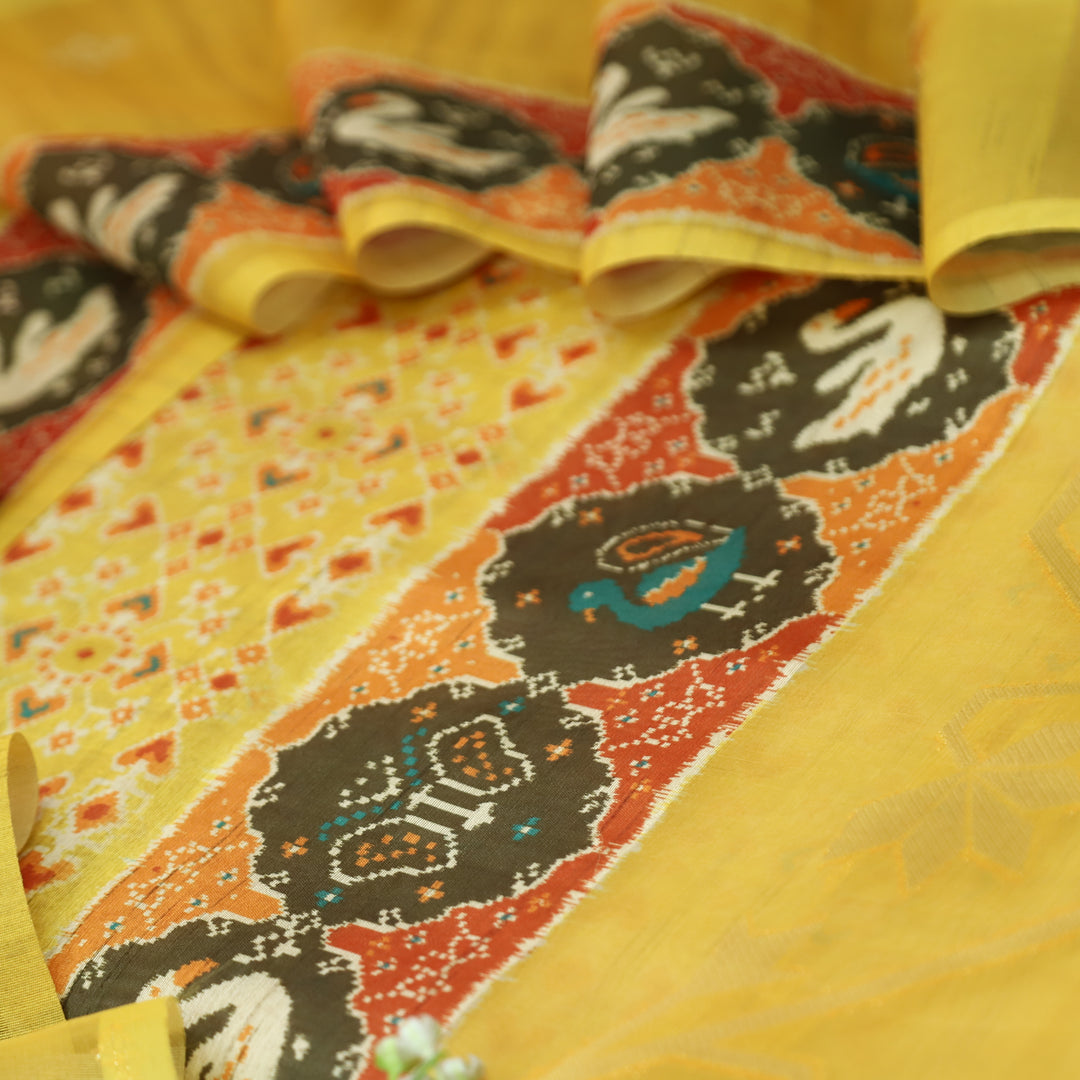 Bahaar Brght Yellow Ikkat Style Print with Zari Detailing Korean Tussar Chanderi Set