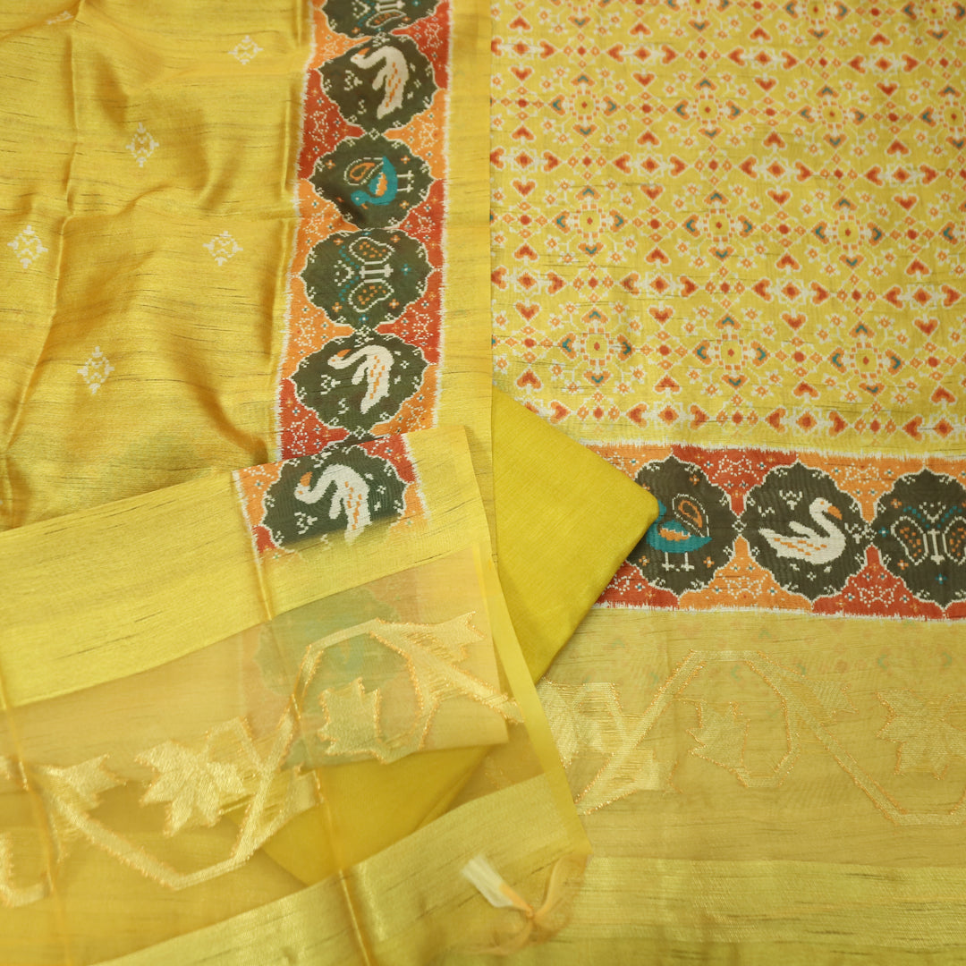 Bahaar Brght Yellow Ikkat Style Print with Zari Detailing Korean Tussar Chanderi Set