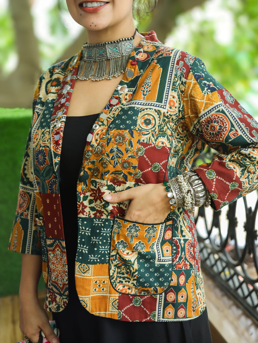 Selena Multicolor Mirror Work Ajrak Print Cotton Blazer
