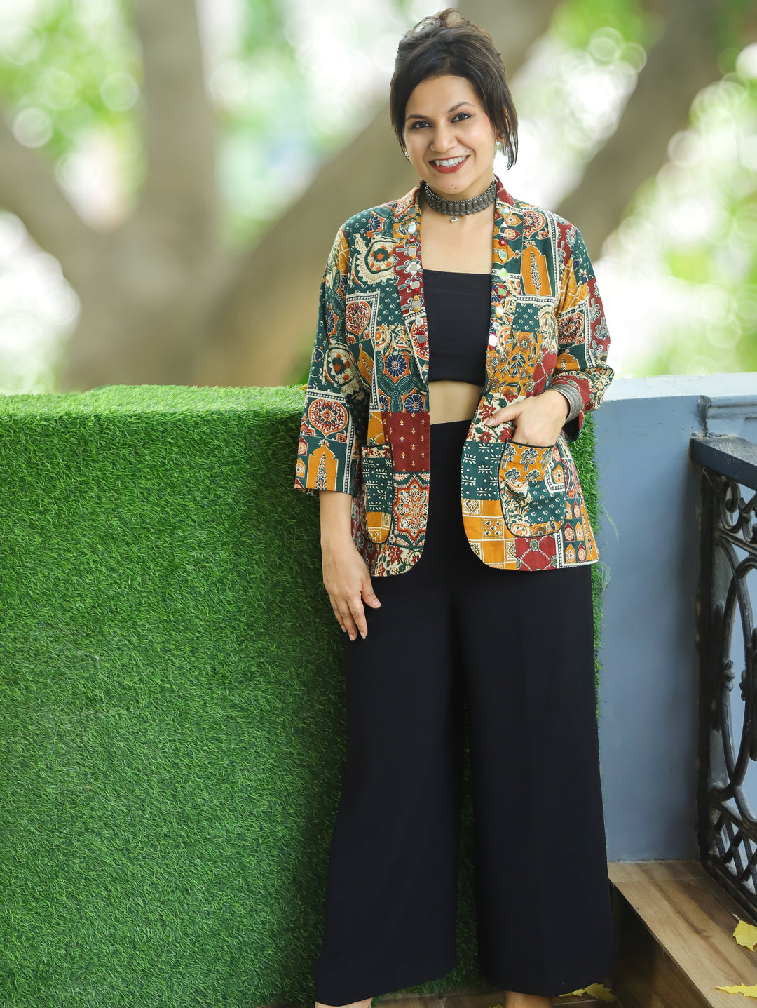 Selena Multicolor Mirror Work Ajrak Print Cotton Blazer