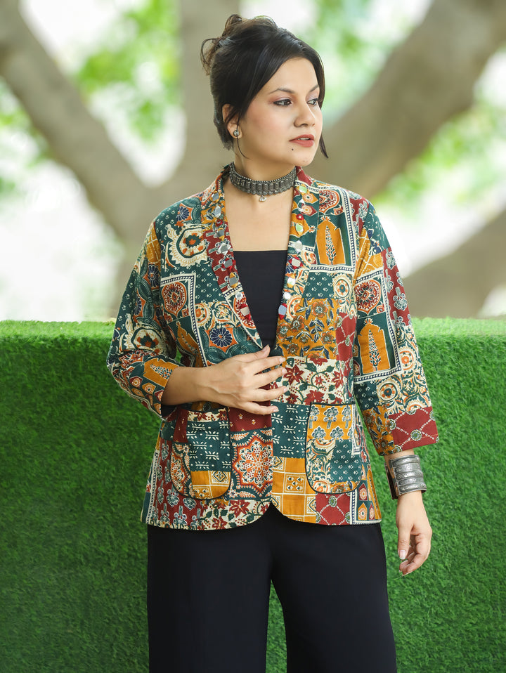 Selena Multicolor Mirror Work Ajrak Print Cotton Blazer
