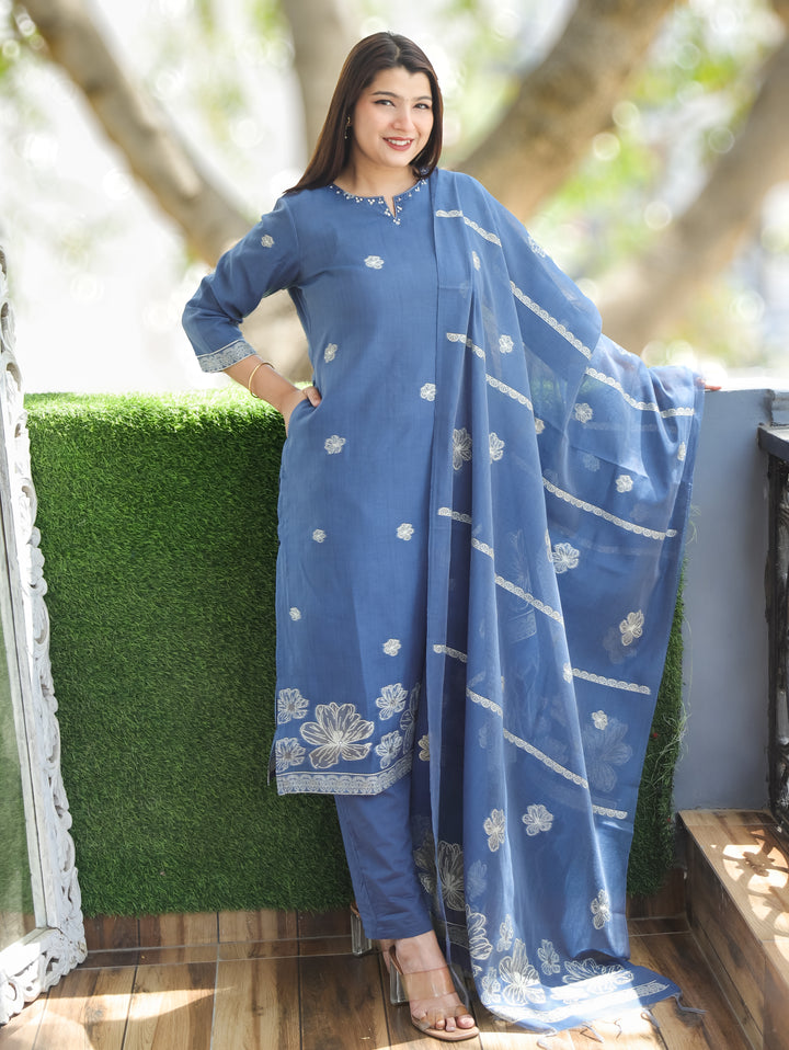 Mary Navy Blue Jamdani Chanderi 3 Piece Set