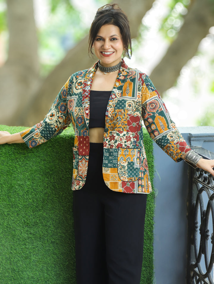 Selena Multicolor Mirror Work Ajrak Print Cotton Blazer