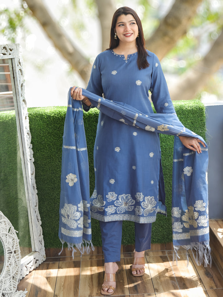 Mary Navy Blue Jamdani Chanderi 3 Piece Set