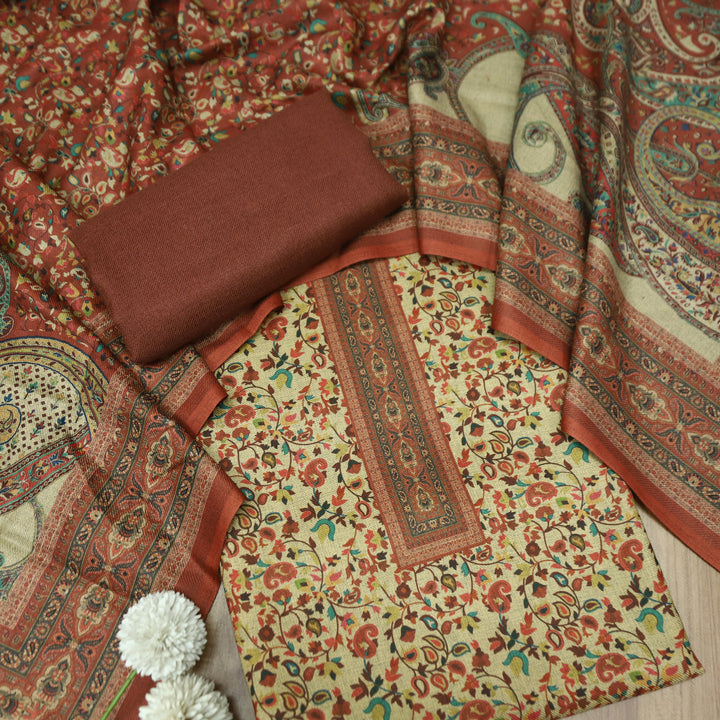 आकृति Beige with Rust All Over Kanni Floral Printed Semi Pashmina Winter Set
