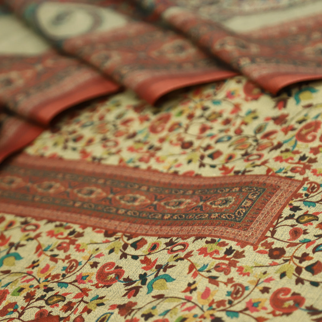 आकृति Beige with Rust All Over Kanni Floral Printed Semi Pashmina Winter Set