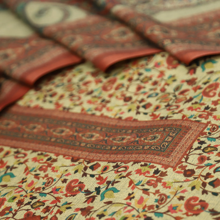 आकृति Beige with Rust All Over Kanni Floral Printed Semi Pashmina Winter Set