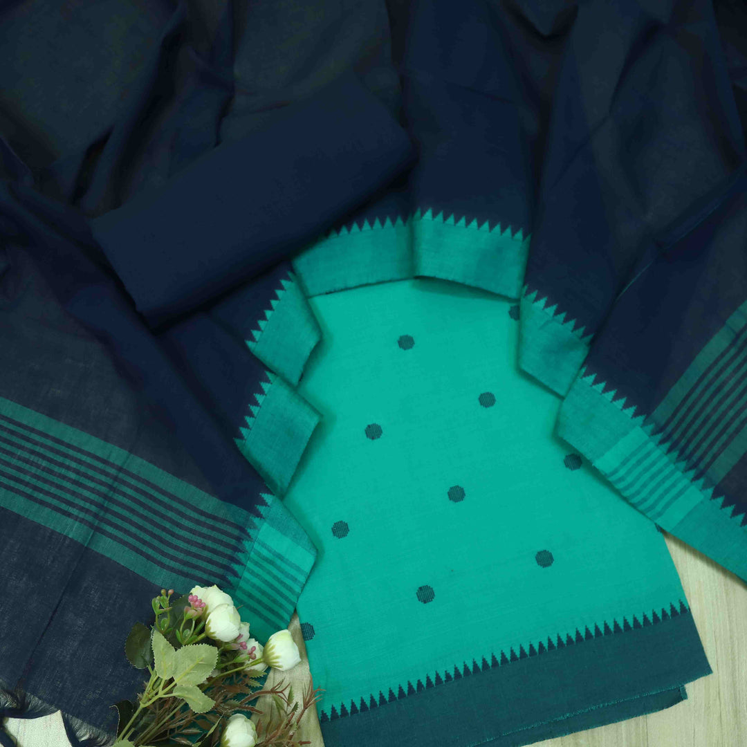 Falaq Sea Aqua Blue Thread Weaved Temple Hem South Cotton Suit Set