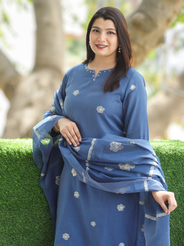 Mary Navy Blue Jamdani Chanderi 3 Piece Set