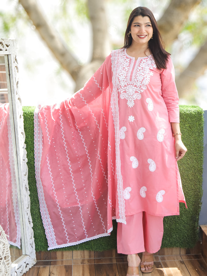 Neel Blush Pink Chikankari Cotton 3 Piece Set