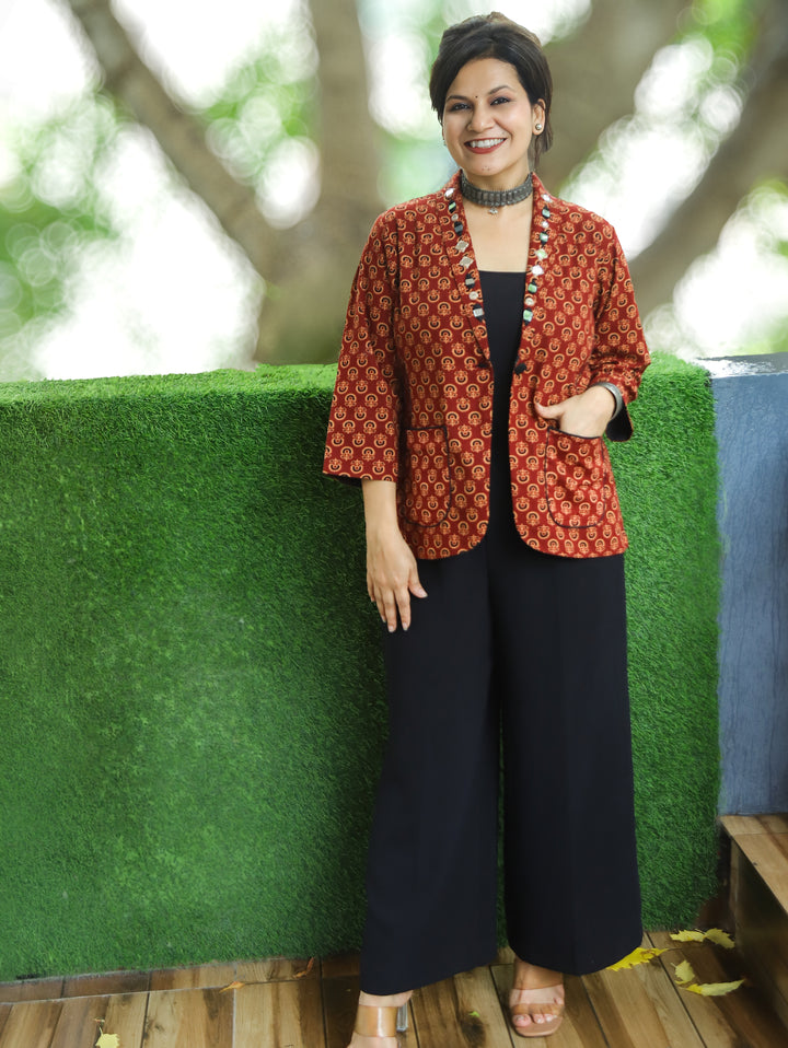 Selena Red Mirror Work Ajrak Print Cotton Blazer