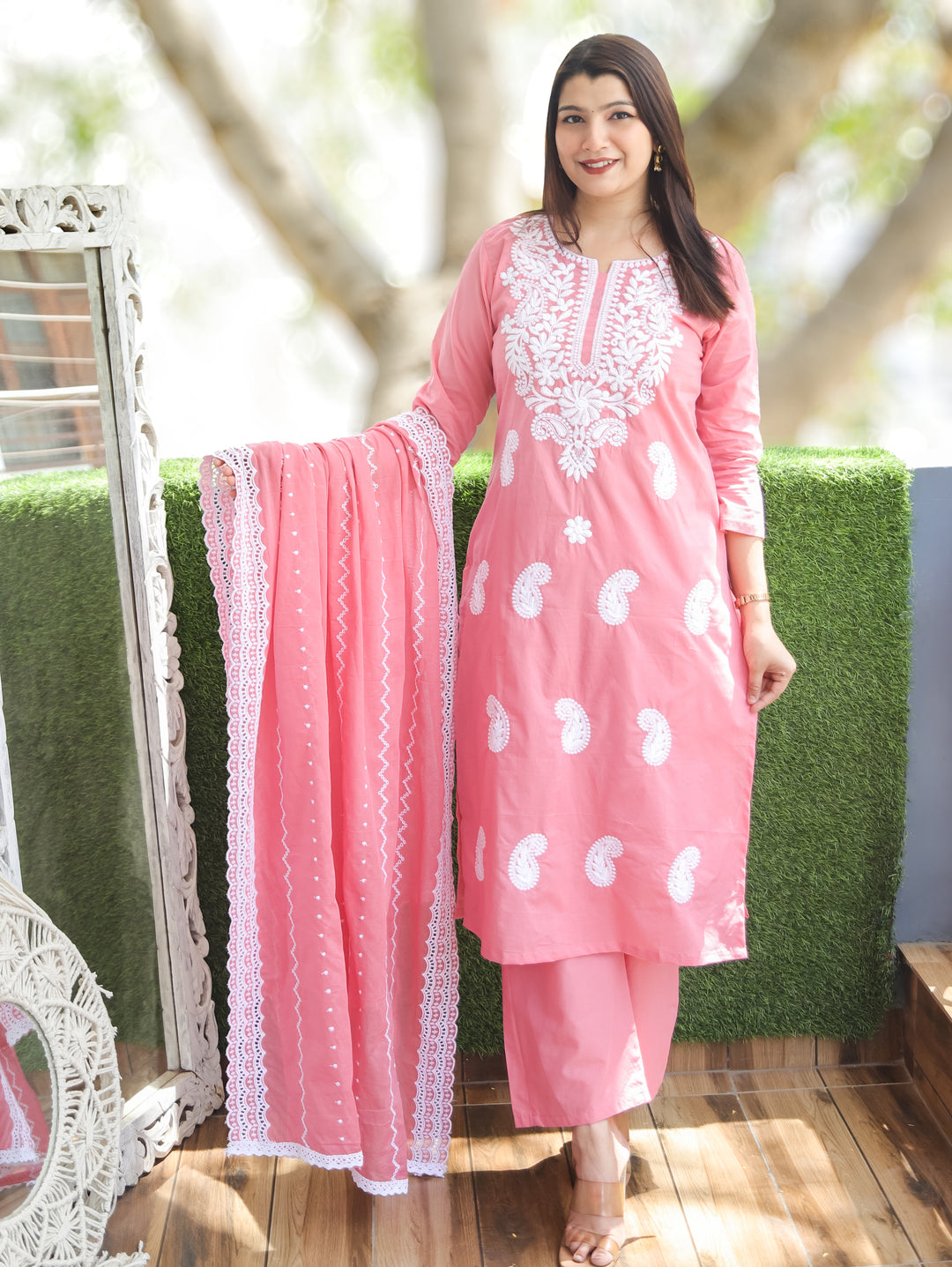 Neel Blush Pink Chikankari Cotton 3 Piece Set