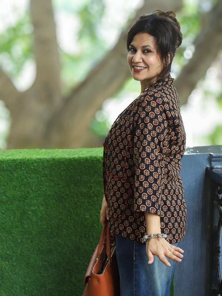 Selena Ebony Black Mirror Work Ajrak Print Cotton Blazer
