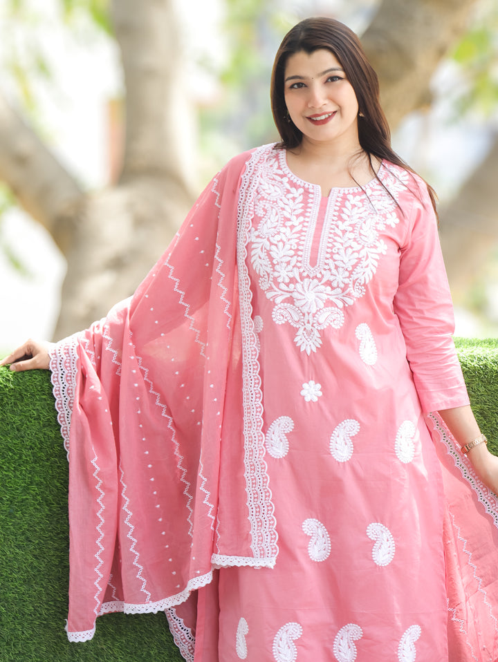 Neel Blush Pink Chikankari Cotton 3 Piece Set