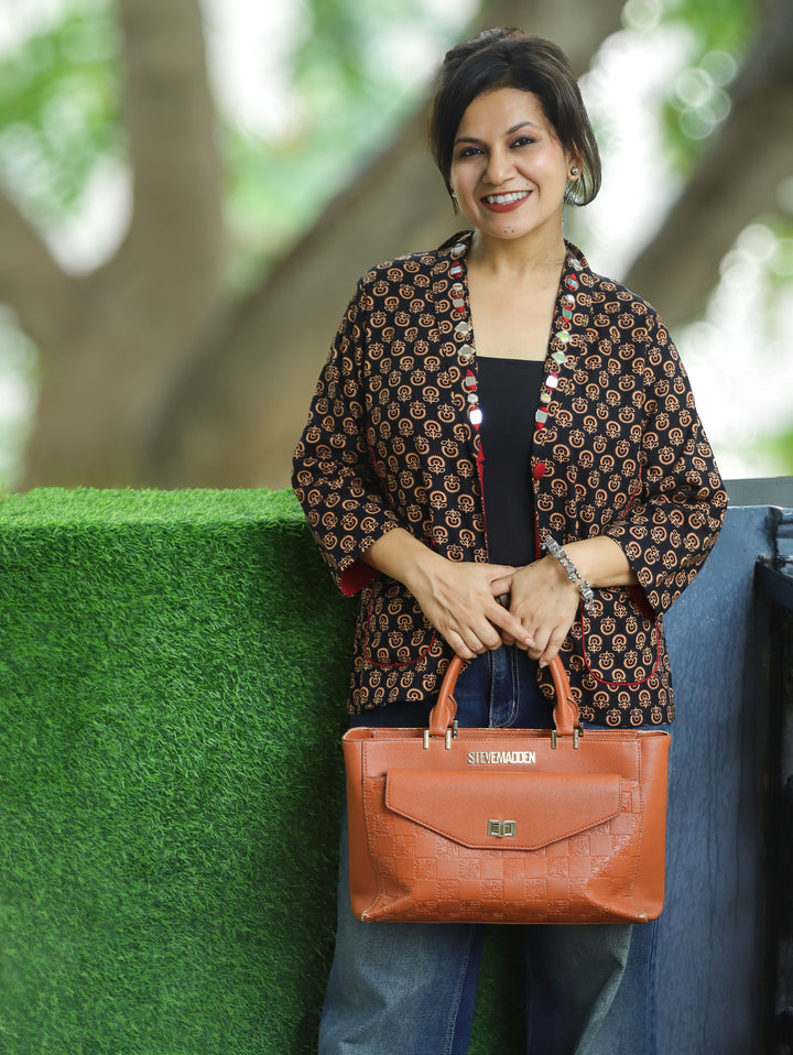 Selena Ebony Black Mirror Work Ajrak Print Cotton Blazer