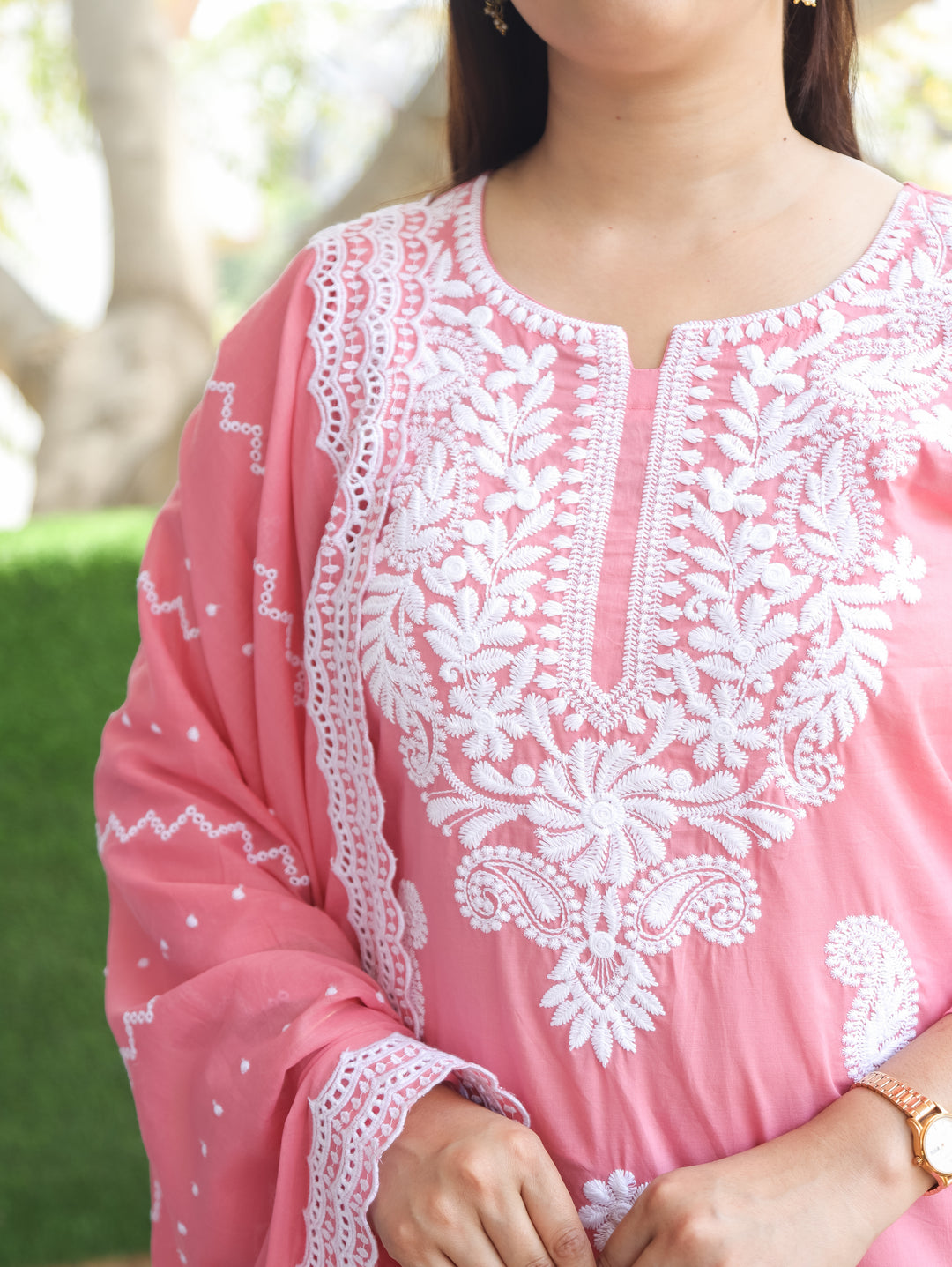 Neel Blush Pink Chikankari Cotton 3 Piece Set