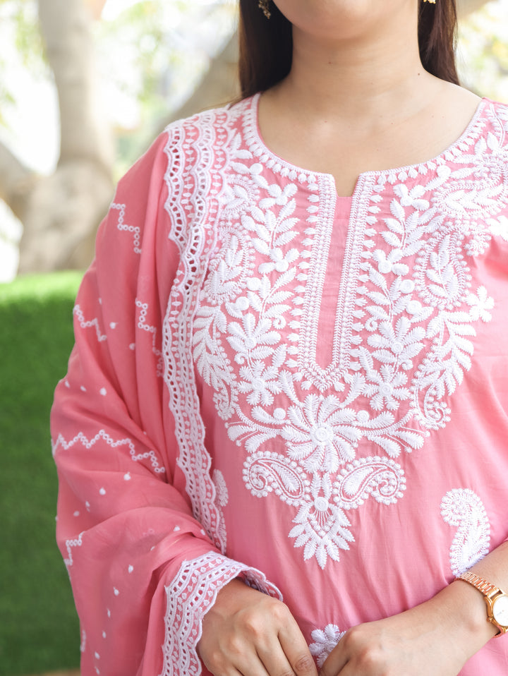 Neel Blush Pink Chikankari Cotton 3 Piece Set