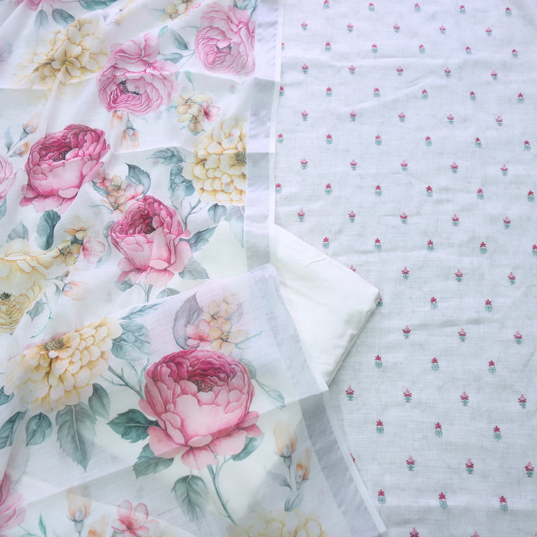 Deedar Pearl White Floral Embroidery Buti Work Cotton Linen Suit Set