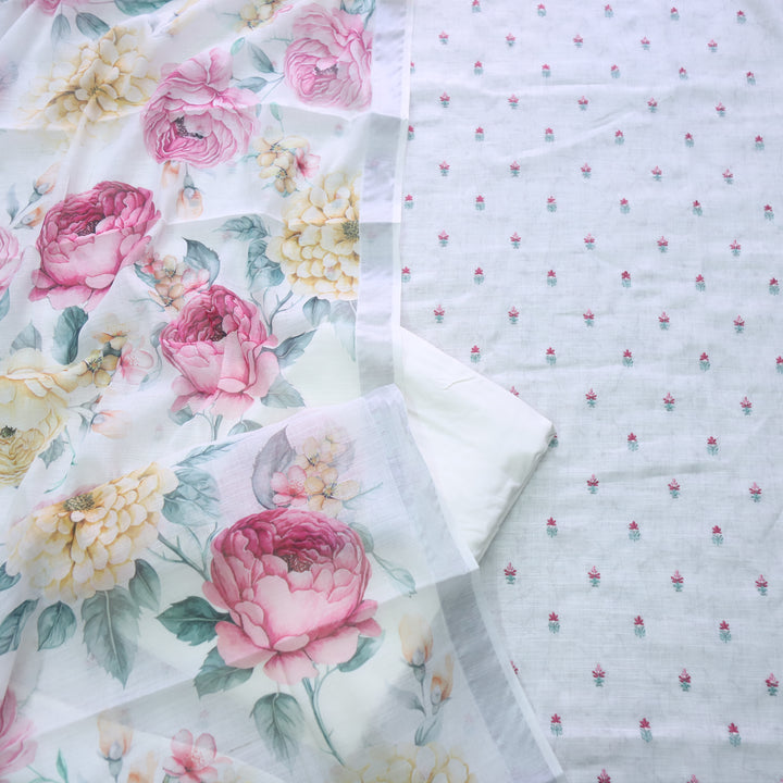 Deedar Pearl White Floral Embroidery Buti Work Cotton Linen Suit Set