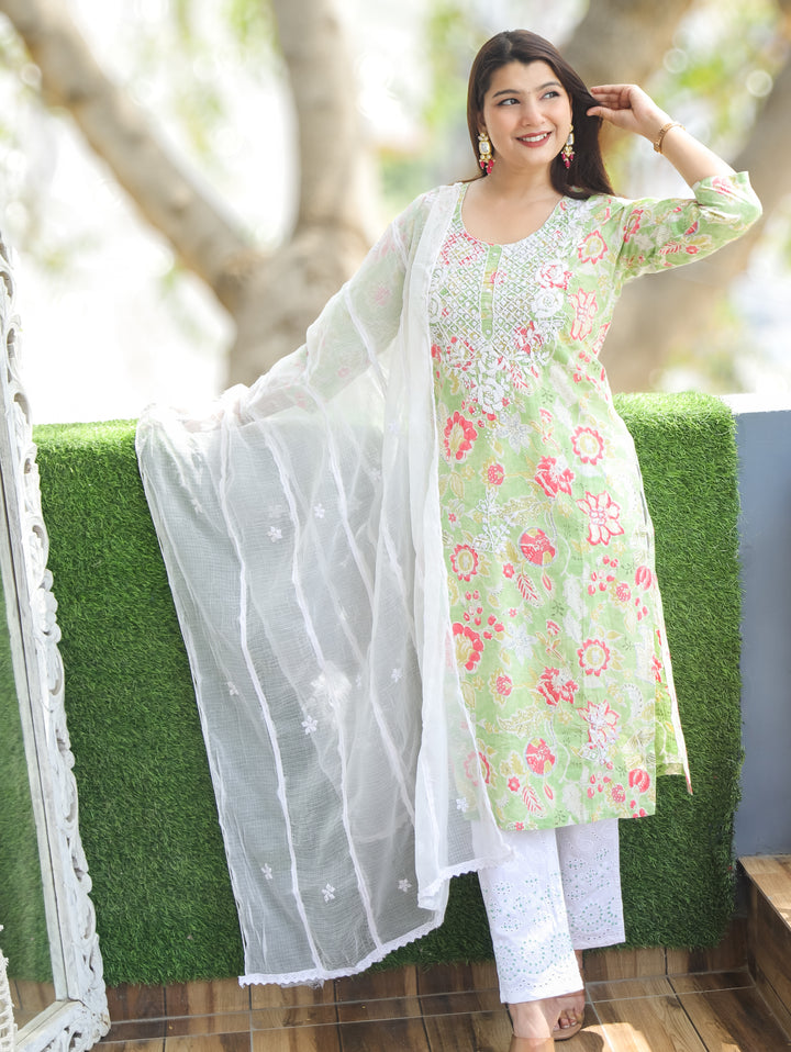 Neel Mint Green Embroidered Cotton 3 Piece Set