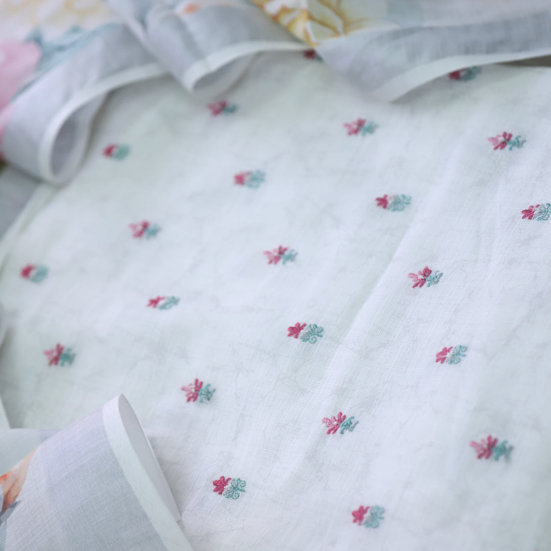 Deedar Pearl White Floral Embroidery Buti Work Cotton Linen Suit Set