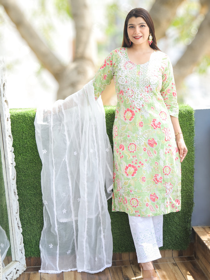 Neel Mint Green Embroidered Cotton 3 Piece Set