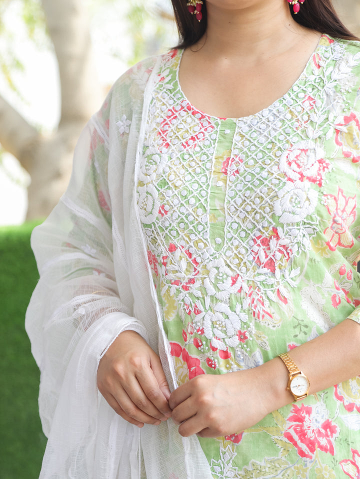 Neel Mint Green Embroidered Cotton 3 Piece Set