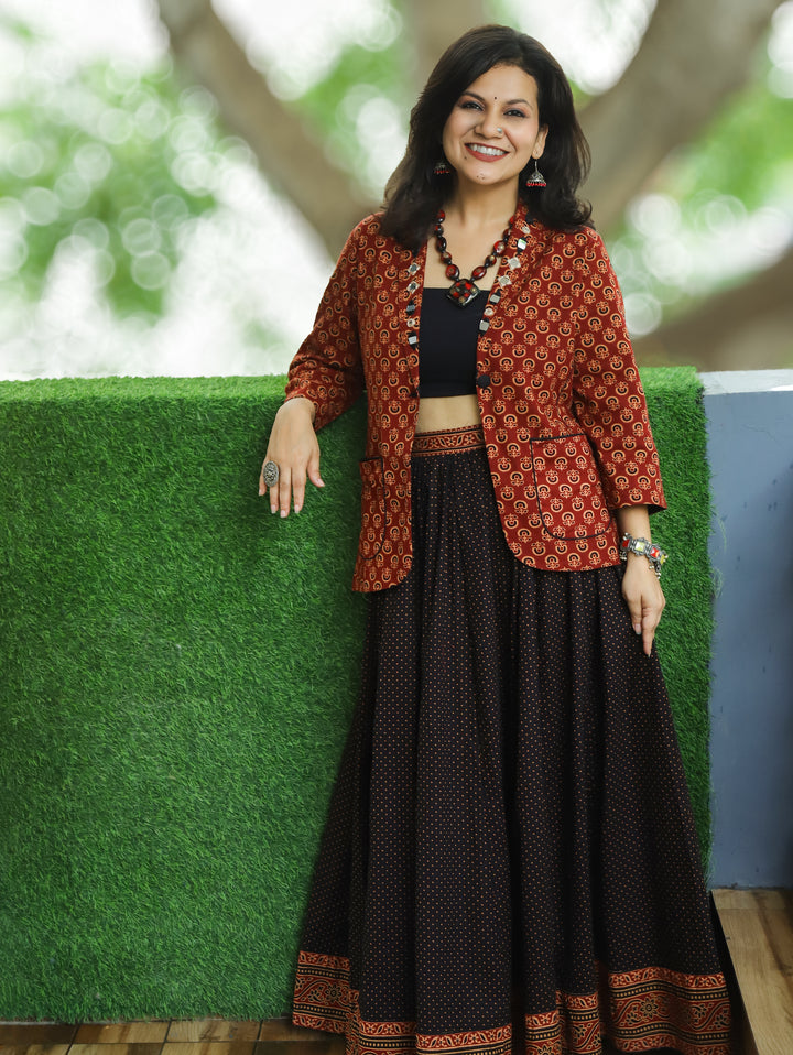 Selena Red Mirror Work Ajrak Print Cotton Blazer