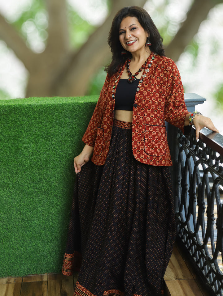 Selena Red Mirror Work Ajrak Print Cotton Blazer