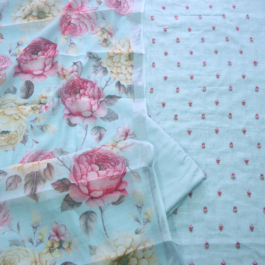 Deedar Sea Blue Floral Embroidery Buti Work Cotton Linen Suit Set