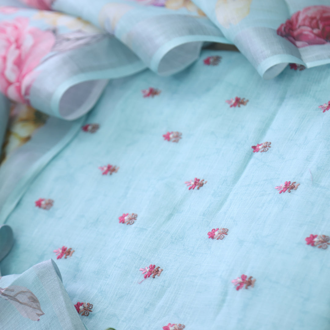 Deedar Sea Blue Floral Embroidery Buti Work Cotton Linen Suit Set