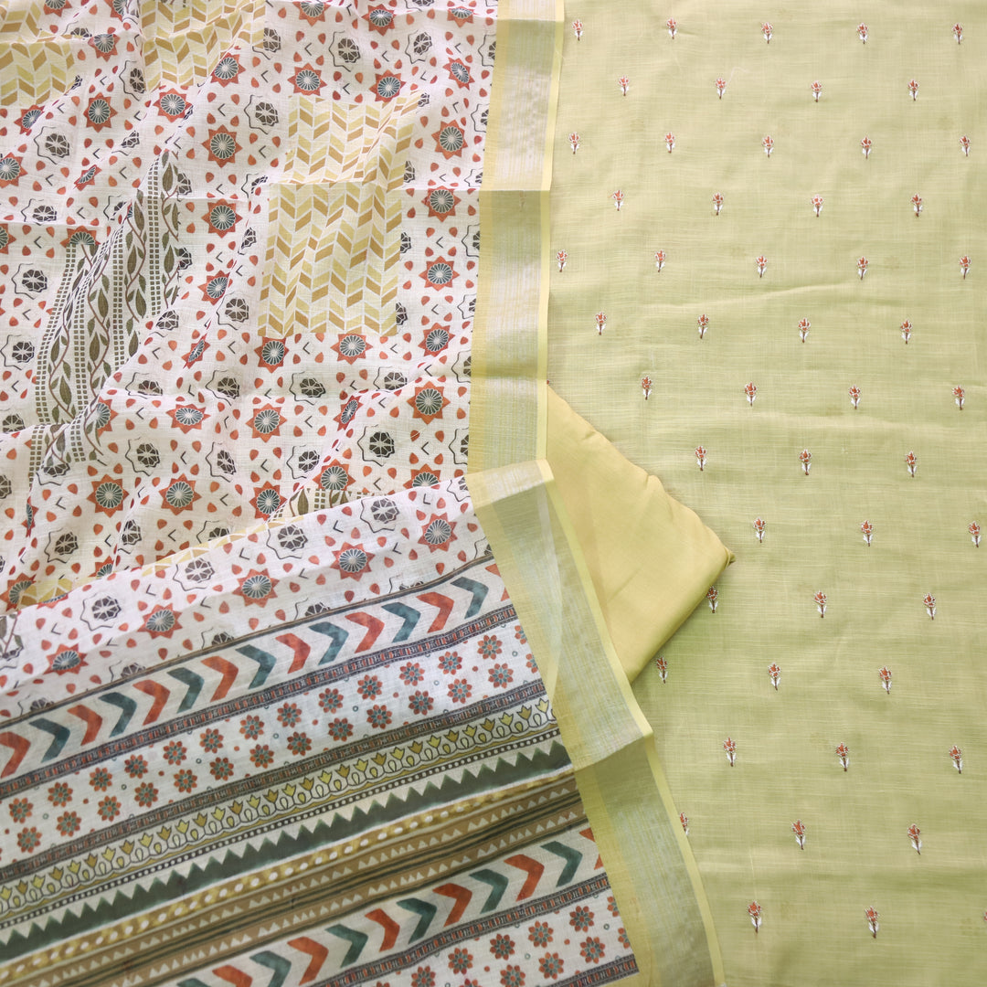 Sadqay Canary Yellow Floral Buti with Zari Work Cotton Linen Suit Set D2