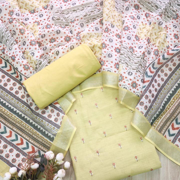 Sadqay Canary Yellow Floral Buti with Zari Work Cotton Linen Suit Set D2